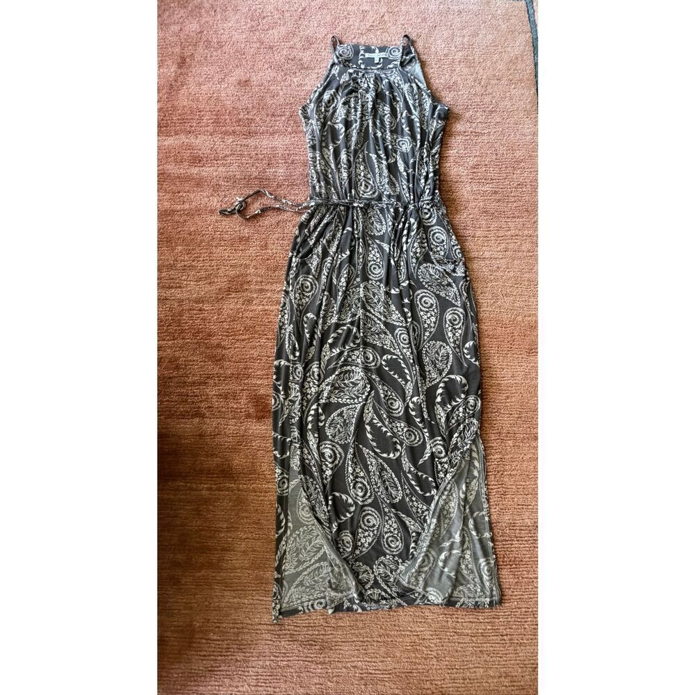 Next Petite Gray Ivory Paisley Maxi Dress Size 8 Tie Waist Pockets